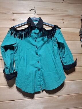 Circle T Teal Cold-Shoulder Button-Down with Black Fringe